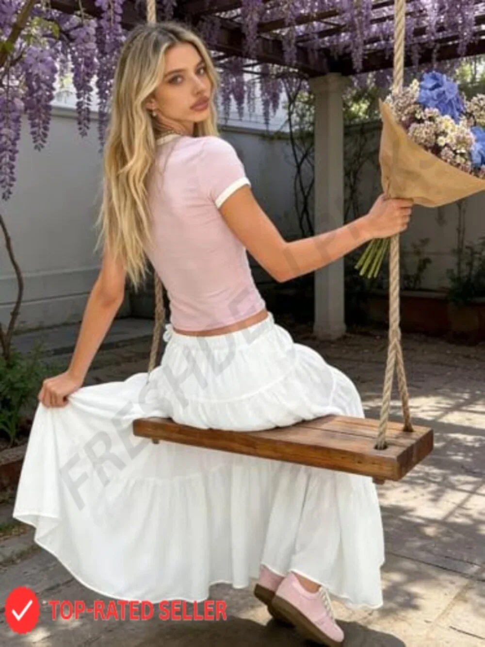 Maxi Skirt Boho Flowy Flared Ruffle Beach Vacation Summer Going Out - Picture 5 of 6